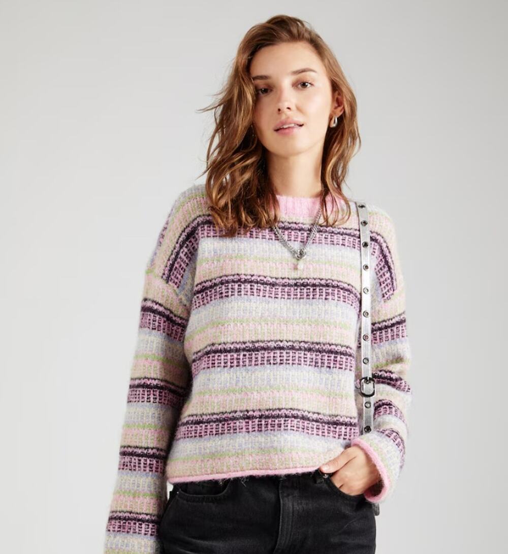 Vero Moda Women Fuchsia Pink Striped Chunky Knit Volume Sleeve Sweater Size L